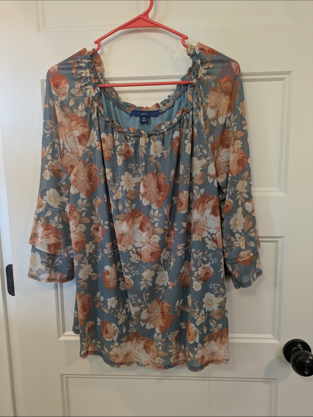 Apt. 9 Slate Blue Floral Peasant Blouse with Rust & Cream Blooms